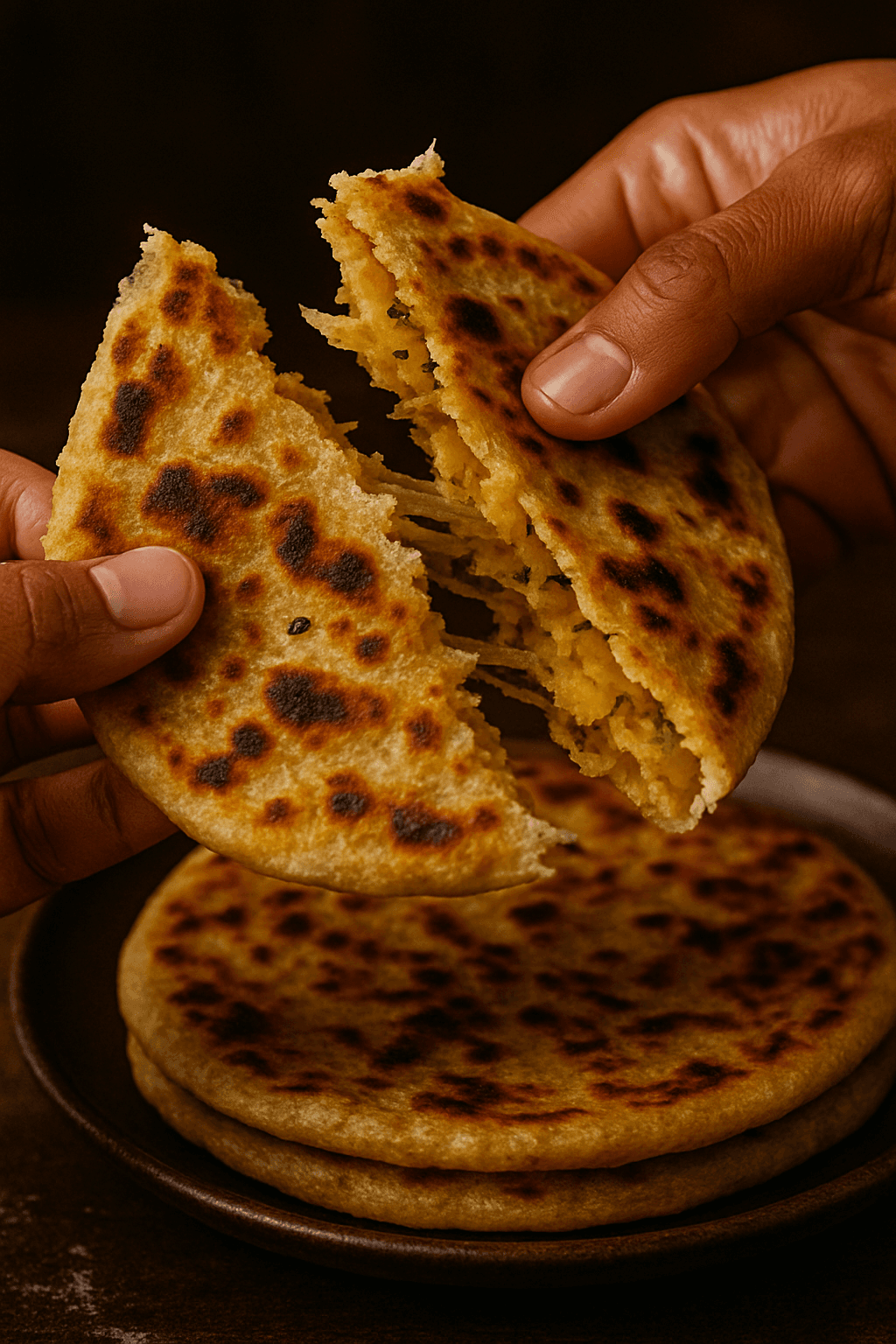 Flaky layers being torn apart mid-bite.