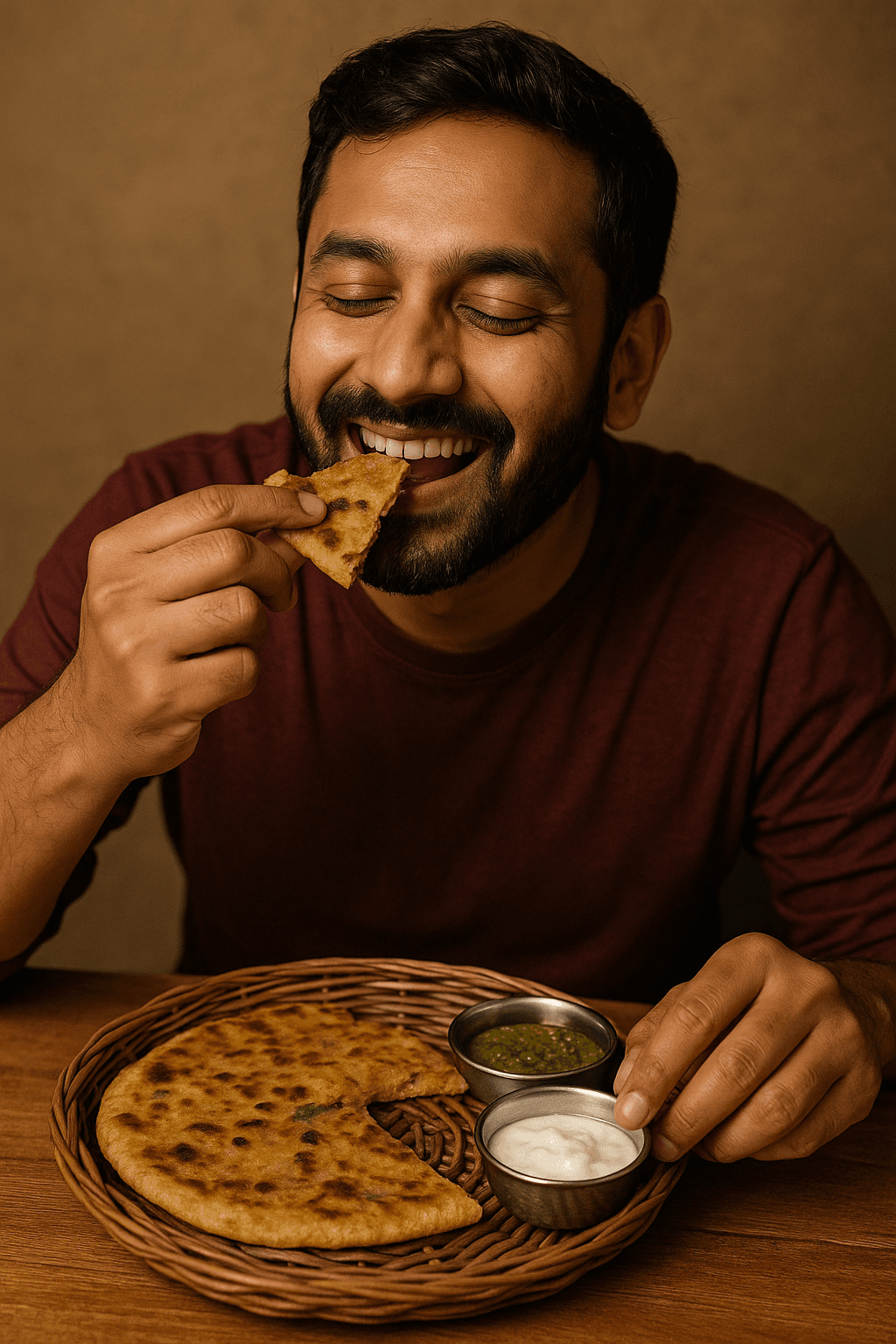 People enjoying aloo parathas.