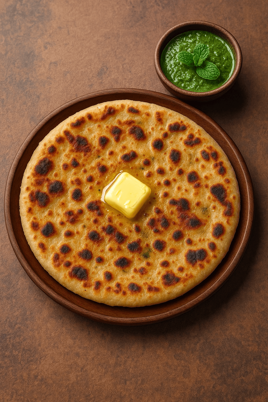Charcoal-grilled paratha with mint chutney.