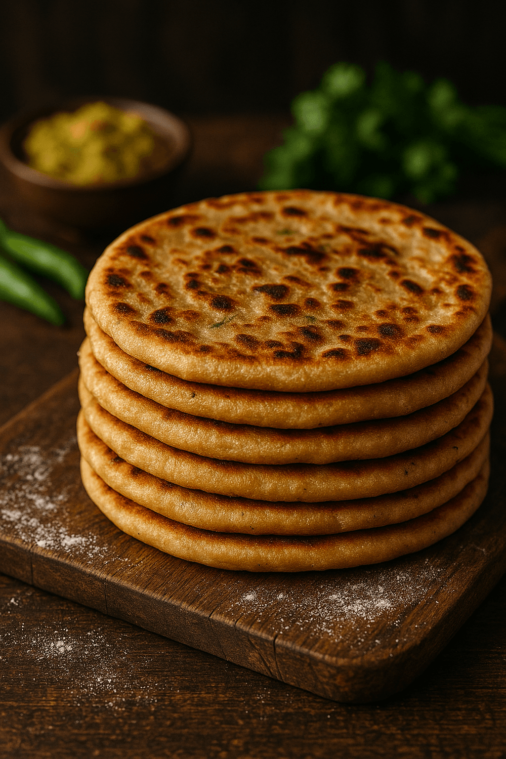 Handmade parathas stacked high.