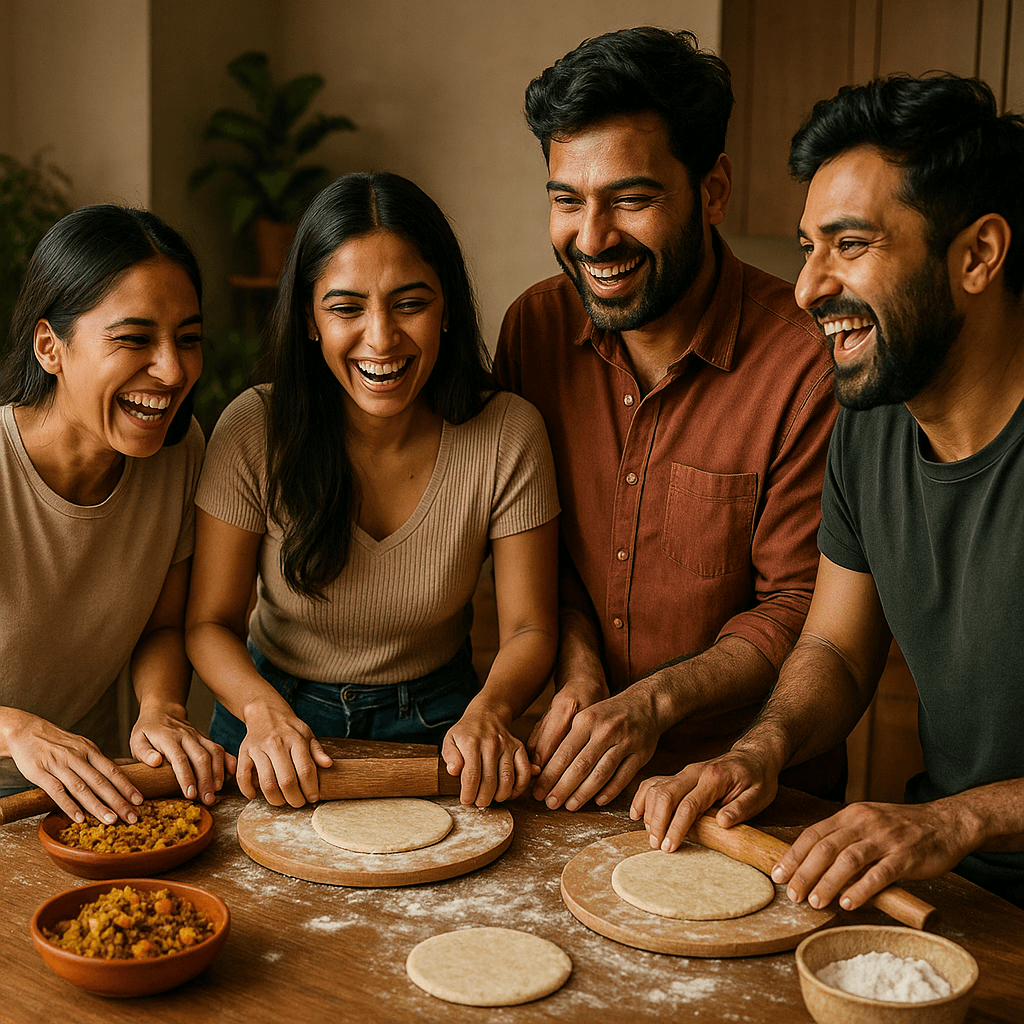 People laughing while rolling parathas.