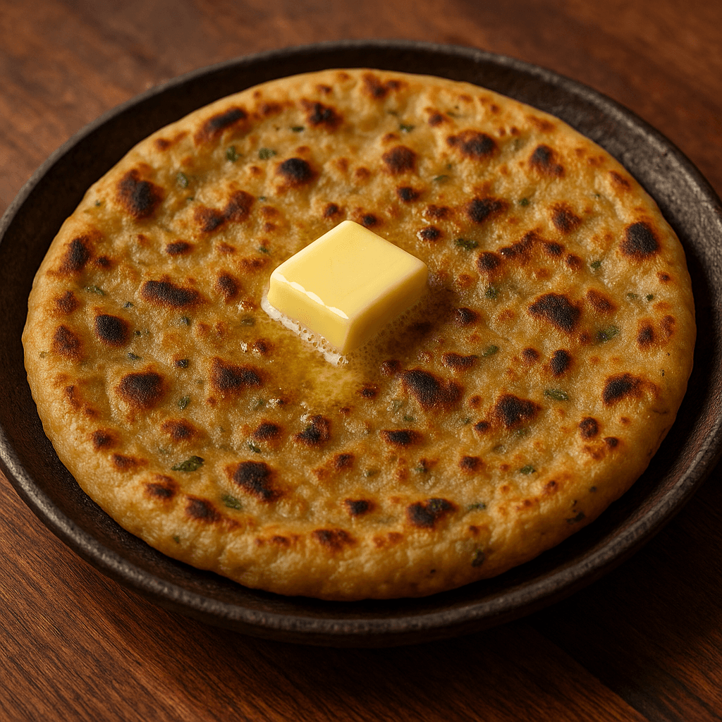 Hot paratha with butter melting on top.